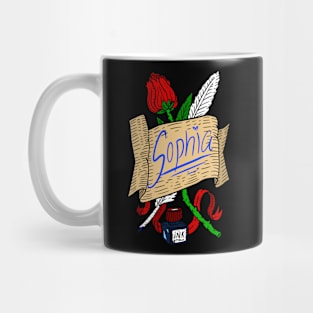 sophia, personalized name gift. rose and pen. Mug